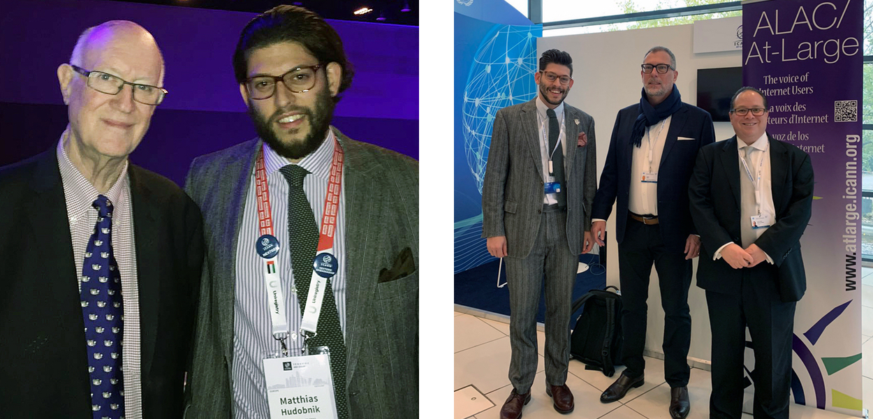 Dr. Steve Crocker (former Chair of ICANN’s Board of Directors) und Matthias M. Hudobnik beim ICANN60 Meeting in Abu Dhabi (links) und Matthias M. Hudobnik, Göran Marby (ICANN’s President & CEO) und León Sánchez (Vice-Chair of ICANN’s Board of Directors) beim Internet Governance Forum in Berlin 2019 (rechts)